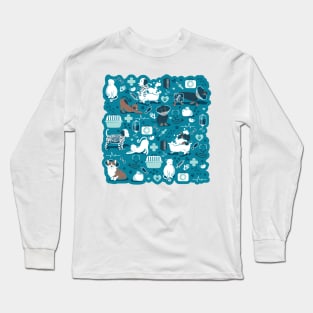 Veterinary medicine, happy and healthy friends // turquoise background aqua details navy blue white and brown cats dogs and other animals Long Sleeve T-Shirt